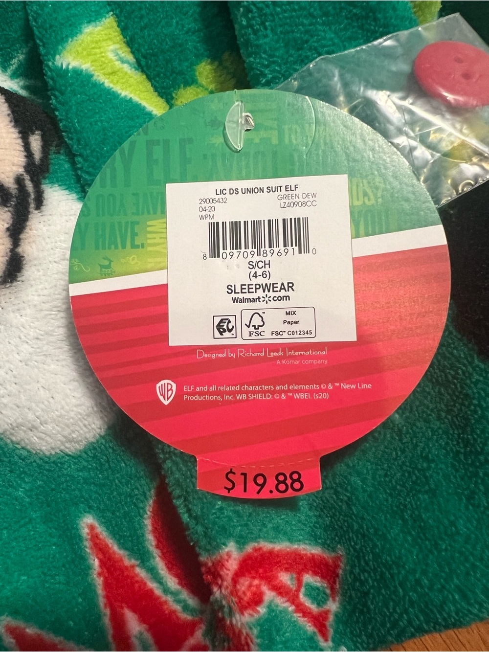 ELF Green Holiday Fleece Onesie Pajama with Red Trim - Picture 4 of 5
